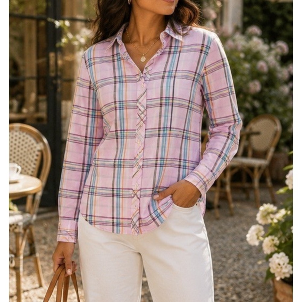 Talbots 100% cotton Plaid Preppy Button Down Shirt Pink Women's Medium